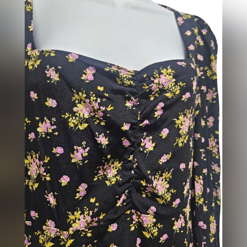 00107 Zara Floral Print Lavender Rose Mini Black Purple Long Sleeve Dress Medium - Picture 3 of 15